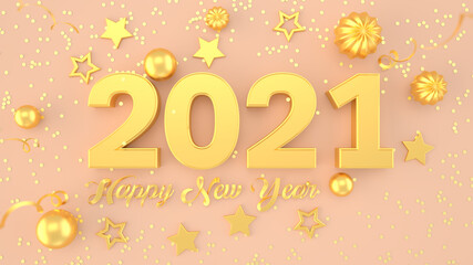 2021 year 3d background. Pink pastel and gold christmas balls background. New Year Christmas holiday templates background. Merry Christmas. 3d render