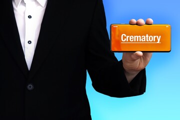 Crematory. Lawyer (man) shows a phone. Text appears on the display. Background blue. Hand holds mobile phone. © MQ-Illustrations