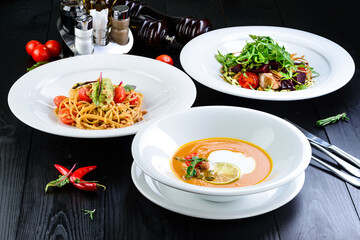 Three-course set menu for a nutritious healthy lunch in a restaurant, Three course set on table in business lunch, food set lunch