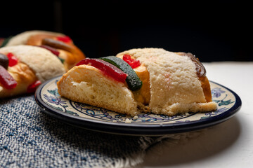 Kings day bread also called epiphany cake on white background