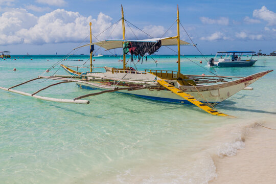 Bangka boat at the White Beach at Boracay island, Philippines