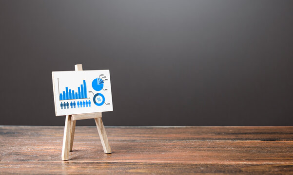 Easel with growth infographics chart diagram. Concept of success, growth and performance improvement. Statistics and business analytics. Income statement analysis. High efficiency, productivity.