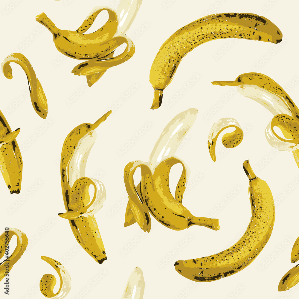 Aufkleber seamless pattern with ripe bananas on a light backdrop. fruit vector background with whole and half 