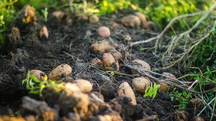 A scattering of freshly dug potatoes on the surface after the harvesting process. Gardening and farming. Fresh organic vegetables, ecological agricultural food products. Freshness and purity
