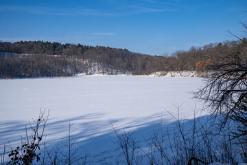 Frozen Lake Alice in winter, in William O'Brien State Park Minnesota