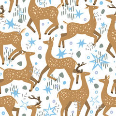 Obraz premium Cute dappled deer flat hand drawn vector seamless pattern. Colorful wallpaper in scandinavian style. Abstract forest animal background. Beautiful design for prints, wrap, textile, fabric, decor, card.