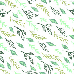 Cute leaves and branch doodles hand drawn vector seamless pattern. Colorful botanical background in vintage style. Universal simple design for print, wallpaper, wrapping, card, textile, fabric, decor.