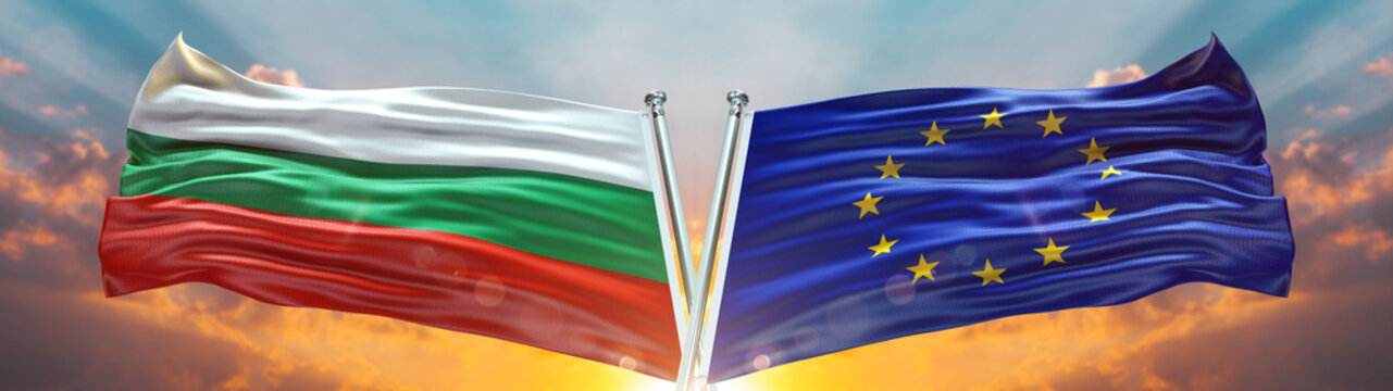 Double Flag European Union vs Bulgaria flag waving flag with texture sky clouds and sunset background