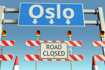 Roadblock near Oslo city traffic sign. Coronavirus disease quarantine or lockdown in Norway conceptual 3D rendering