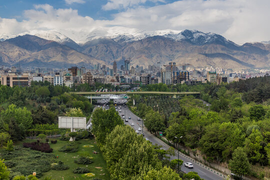 View of Modares highway and Alborz mountain range in Tehran, Iran