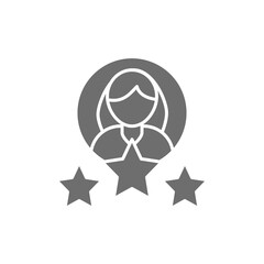 Woman with stars, customer ratings, female quality grey icon.