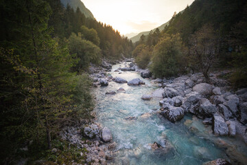 Awesome late summer and autumn mood at Soca River with crystal clear turquoise blue water. Kranjska...