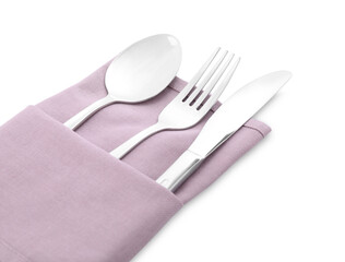 Clean cutlery with napkin isolated on white