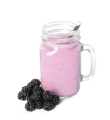 Tasty fresh milk shake with blackberries on white background