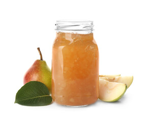 Delicious pear jam and fresh fruits on white background