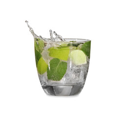 Mojito splashing out of glass on white background