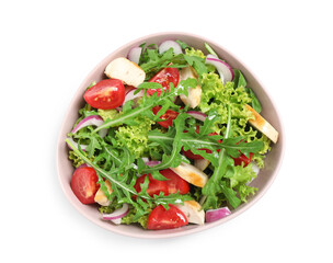 Delicious salad with chicken, arugula and tomatoes in bowl isolated on white, top view