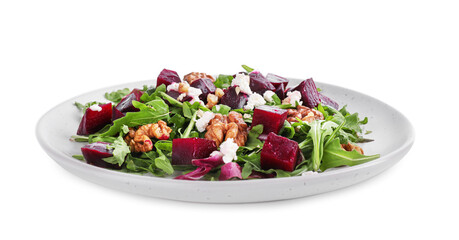 Delicious beet salad with arugula and walnuts isolated on white