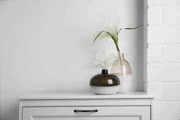 Decorative vases with plants on commode indoors
