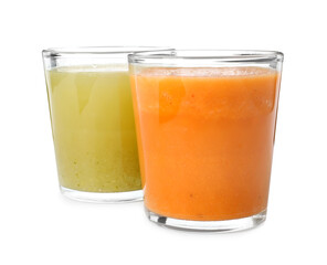 Glasses of delicious fresh juices on white background