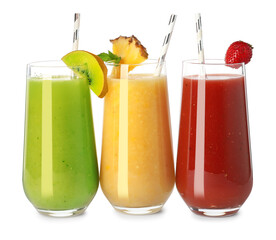 Delicious juices in glasses on white background