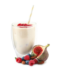 Delicious fig smoothie and ingredients on white background