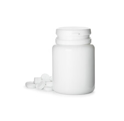 Plastic bottle with pills on white background