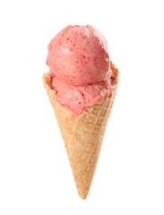 Delicious pink ice cream in waffle cone isolated on white