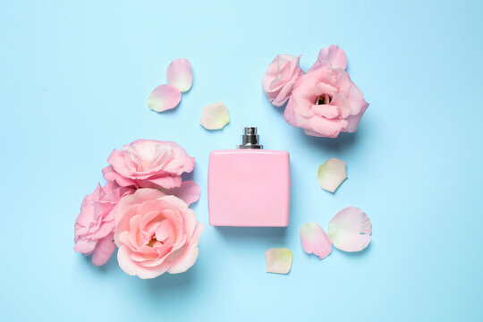 Flat lay composition with bottle of perfume and flowers on light blue background