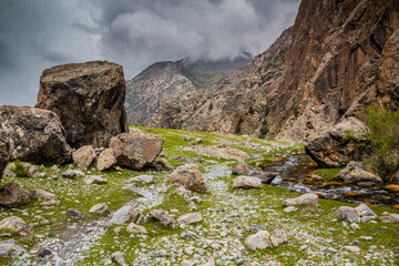 Fototapeta na wymiar Stream near Artuch in Fann mountains, Tajikistan