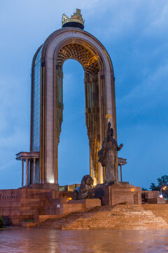 DUSHANBE, TAJIKISTAN - MAY 14, 2018: Evening view of Ismoil Somoni monument in Dushanbe, Tajikistan