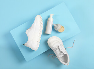 Stylish footwear and shoe care accessories on light blue background, flat lay
