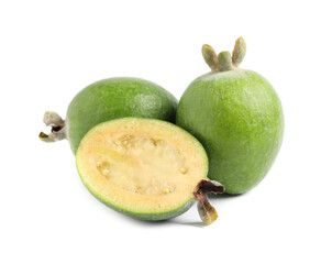 Whole and cut feijoa fruits on white background