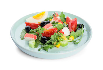 Tasty crab stick salad isolated on white