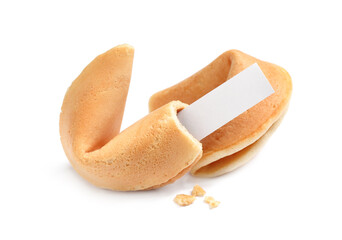 Traditional fortune cookies with prediction on white background