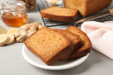 Fresh gingerbread cake slices served on light table, closeup