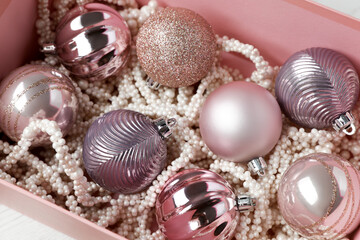 Beautiful Christmas baubles in box, closeup view