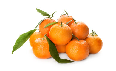 Fresh ripe tangerines on white background. Citrus fruit