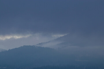 forest-covered mountain range covered under a heavy cloud in the morning 