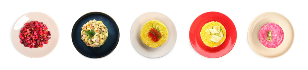 Set of traditional russian salads on white background, top view. Banner design