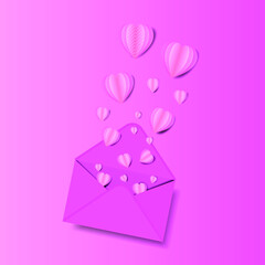 Valentine greeting card. Love letter with flying hearts on pink background