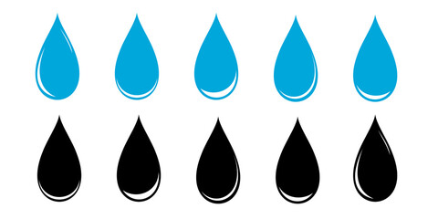 water drop shape. blue water drops set. black icon Isolated on white background. flat style design. vector illustration.
