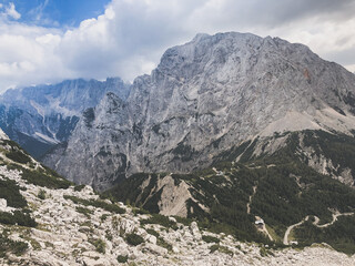 .Hiking in late summer and autumn close to mountain range. Kranjska Gora, Slovenia, Julian Alps,...
