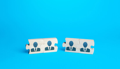 Two groups of puzzles with people on a blue background. Create effective team for a new project....