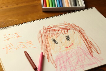 子供がクレヨンでスケッチブックに描いた母親の絵