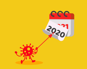 COVID-19 Crisis in 2020 concept: There are calendar 2021 and 2021 year with corona virus on yellow background.