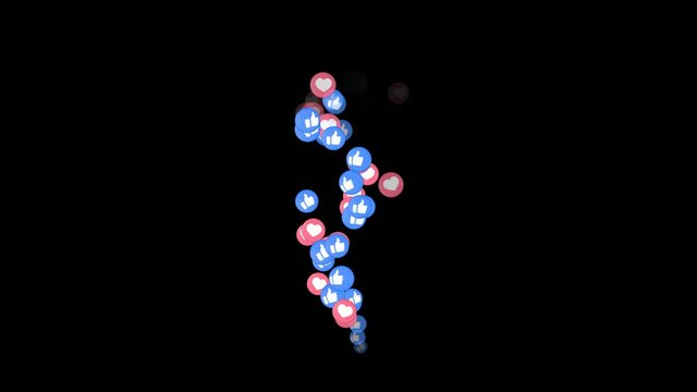 A bunch of heart and like react emojis appearing and floating upward. 2 versions - black and greenscreen background. Trending on social media concept.