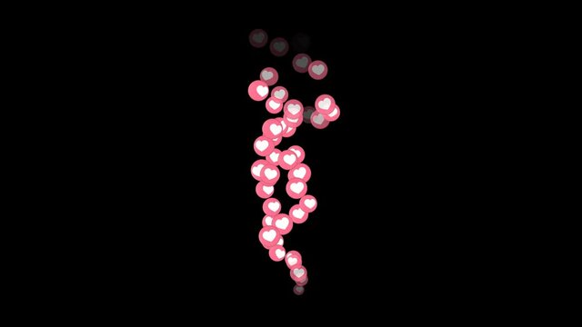 A bunch of heart react emojis appearing and floating upward. 2 versions - black and greenscreen background. Trending on social media concept.