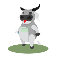 Mascot of cow for zodiac sign in the year 2021. In a hand holding an alcohol spray bottle And hanging a mask To prepare to prevent the coronavirus 2019.