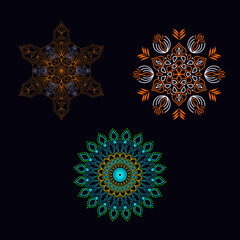 Set of three round mandalas for greeting card, invitation, Henna drawing and tattoo template. Vector illustration